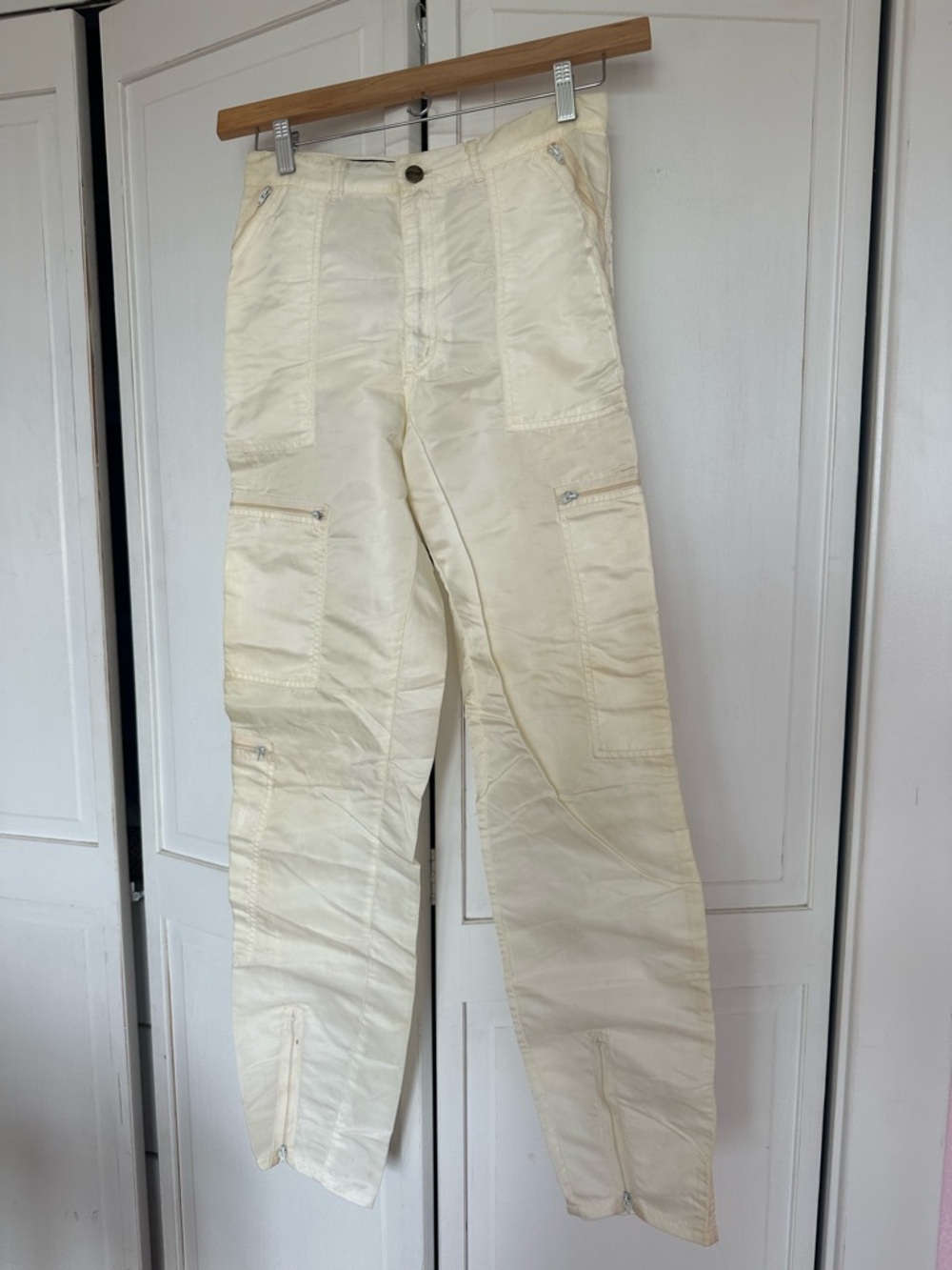 Vintage 1980s Panno d’Or Cream Parachute Nylon Pants Unisex Size 30 Ankle Zips